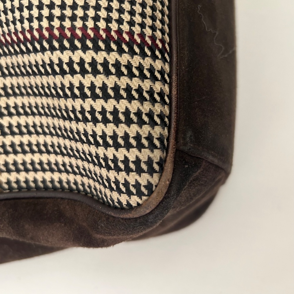 Ralph Lauren Vintage Houndstooth Plaid Tote Brown Suede and Leather - Picture 10 of 14